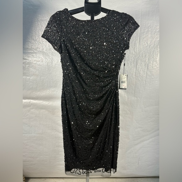 Adrianna Papell Black Sequin Ruched Midi Dress - Picture 1 of 6